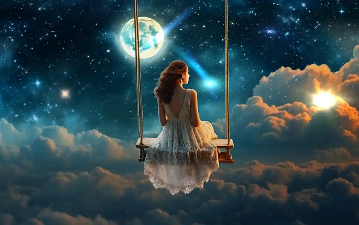 a fantasy lady sitting on a swing in the night sky with beautiful view of the bright moon