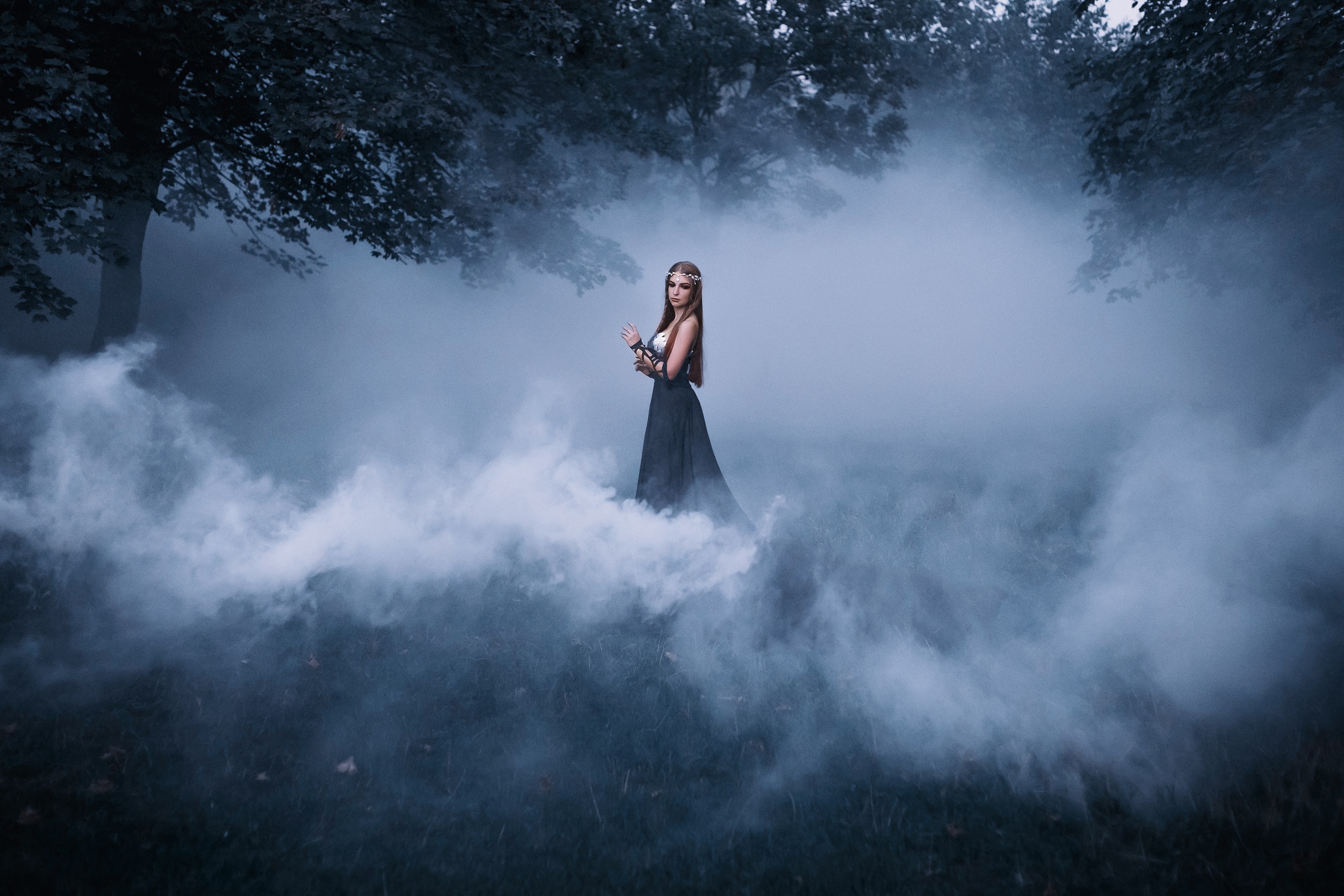 The dark queen of elves walks in a misty forest. A creative imag
