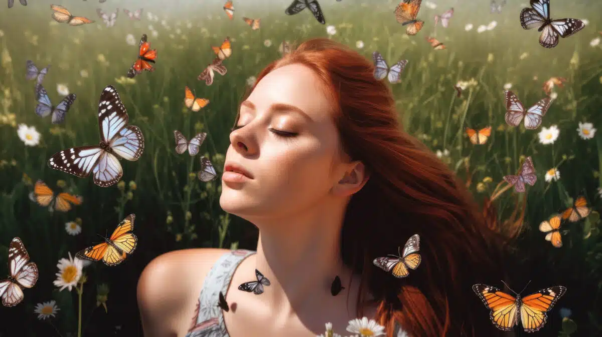 a young red haired lady in the garden surrounded with small butterflies
