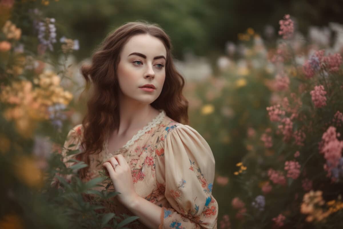 a romantic woman in a vintage-inspired dress, surrounded by flowers and nature