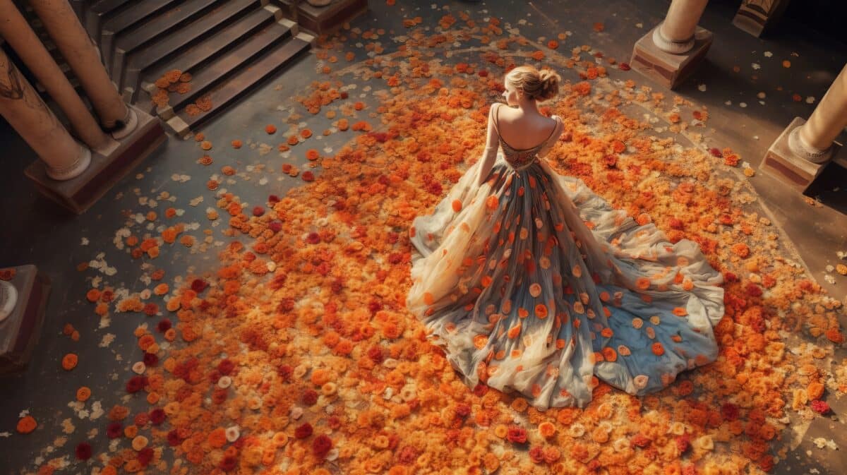 
Woman in a beautiful floral evening dress surrounded by orange flowers