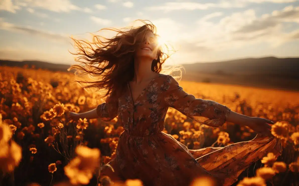a stunning lady dances in a field of flowers at sunrise