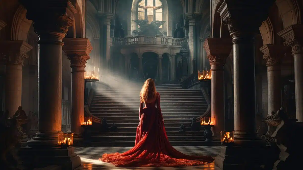 a woman in a long red dress walking in gothic palace