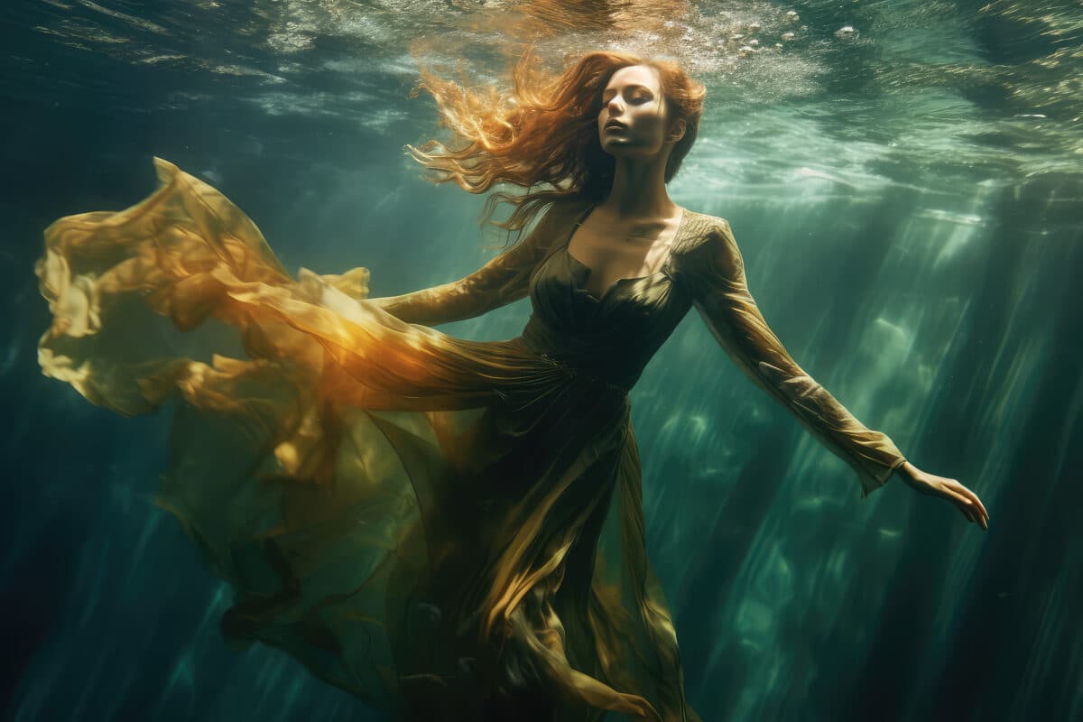 Beautiful girl underwater photography, woman in long orange dress, person under water, bride. generative ai