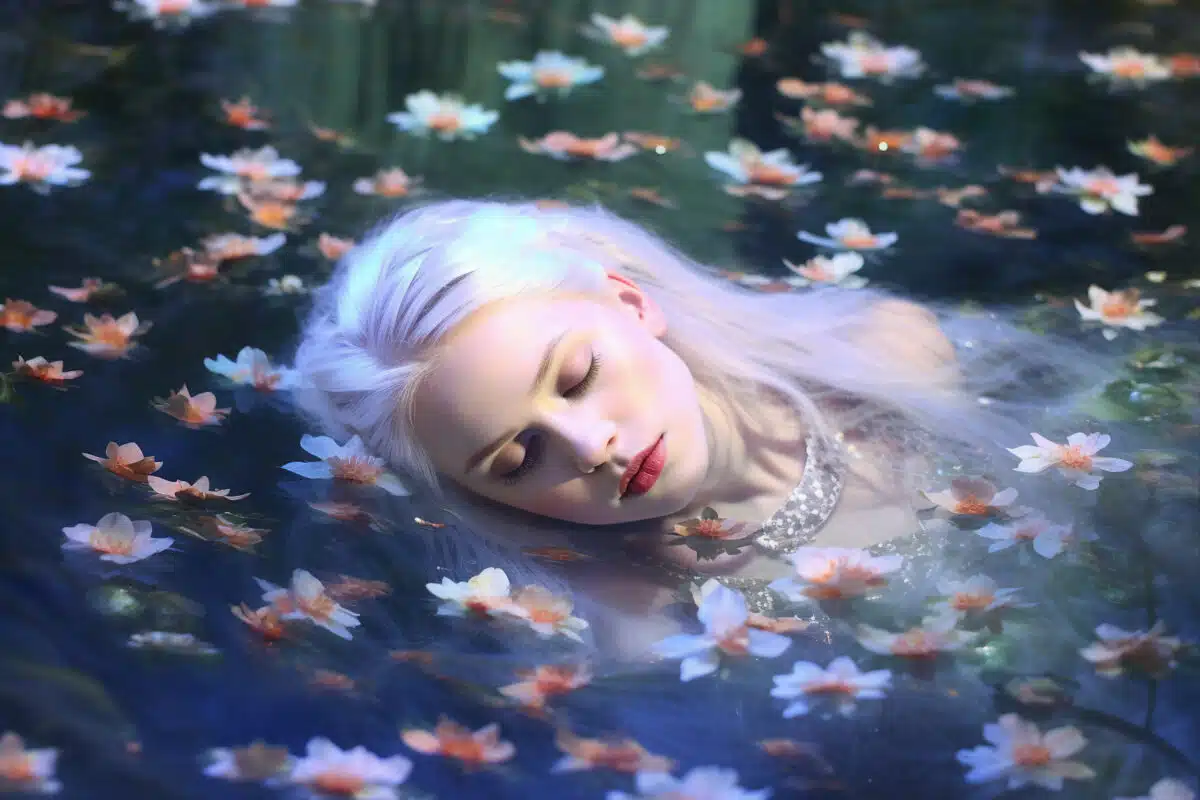 Illustration Photography Of Charming Tender Gentle Nymph Blond Hair Personnage Lying On Water Made With Generative Ai