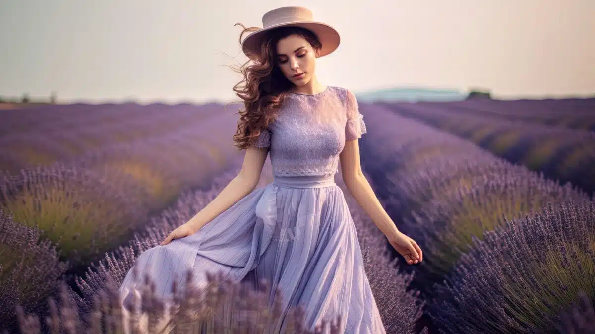 a beautiful young woman in a dress splashing around happily in a field of lavender