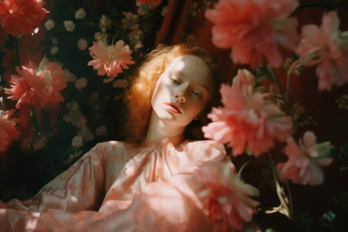 a red haired lady seemingly asleep amid flowers