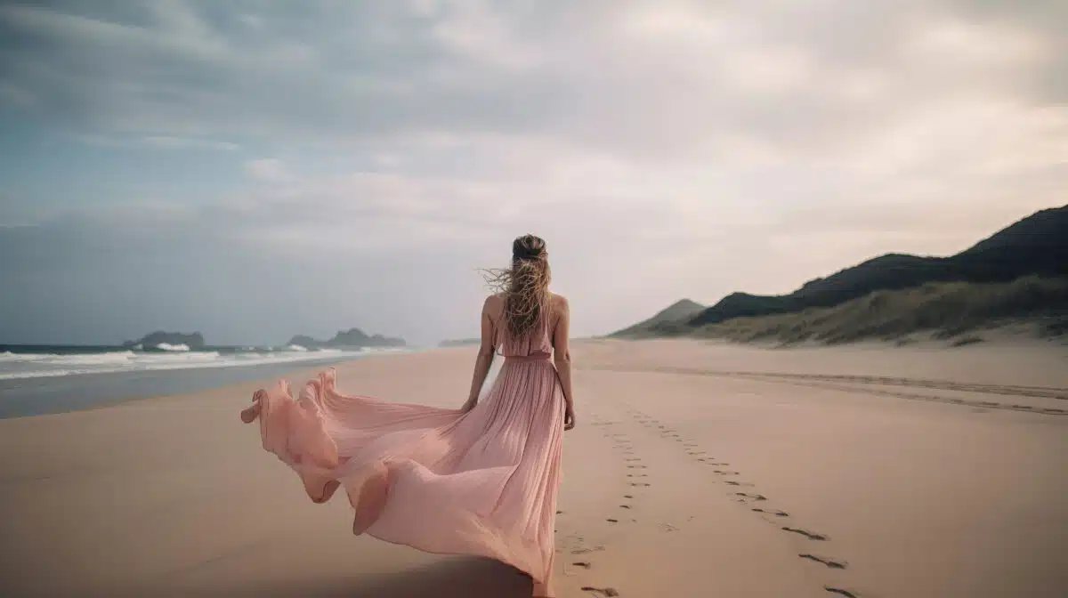 a beautiful woman in long pink dress walking on the beach at sunset