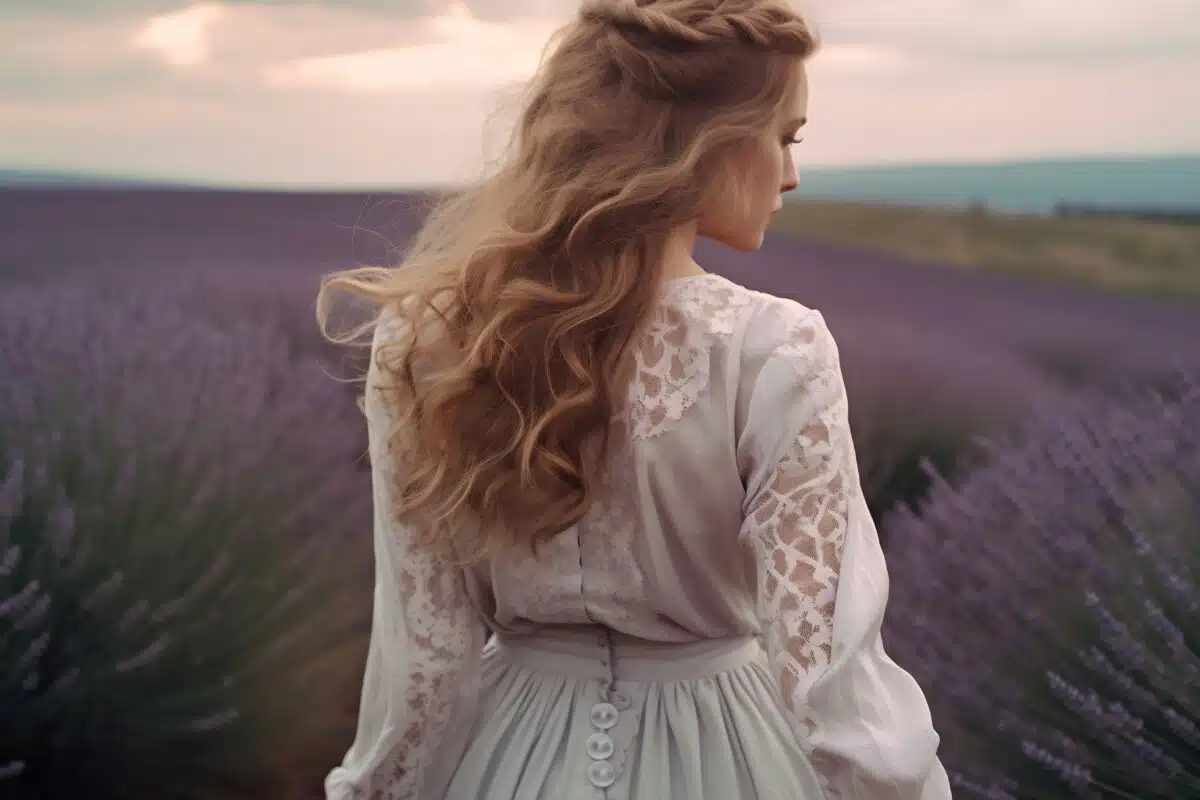 a young pretty woman standing alone on the lavender field