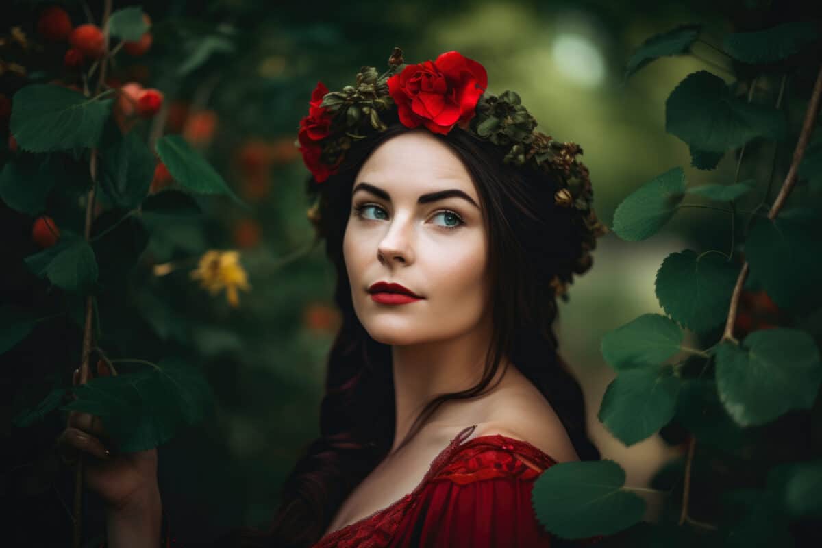 A Portrait of a stunning woman with bright green foliage in the background, wearing a flowing red dress and a crown of flowers on her head, with a serene expression on her face, generative ai