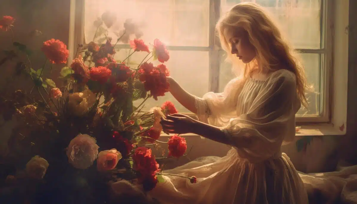 a very beautiful lady is sitting while arranging flowers