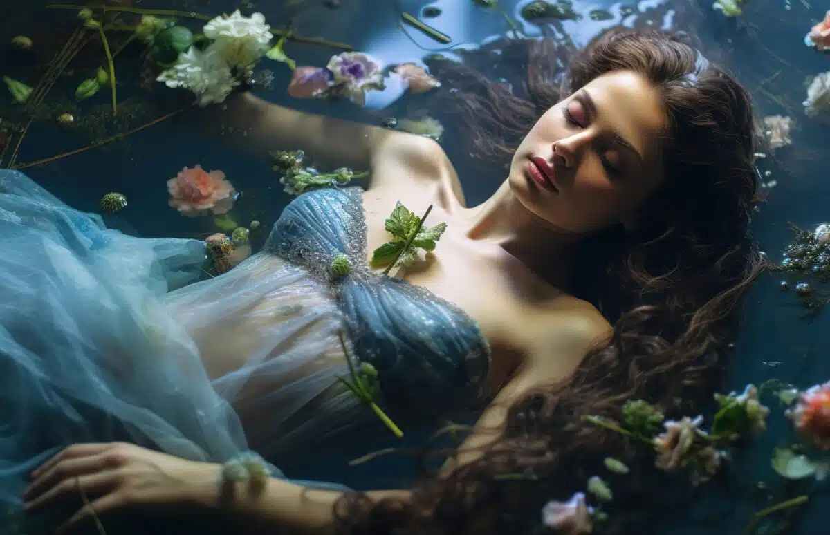 a beautiful romantic woman lies in a swamp in a blue long dress with flowers