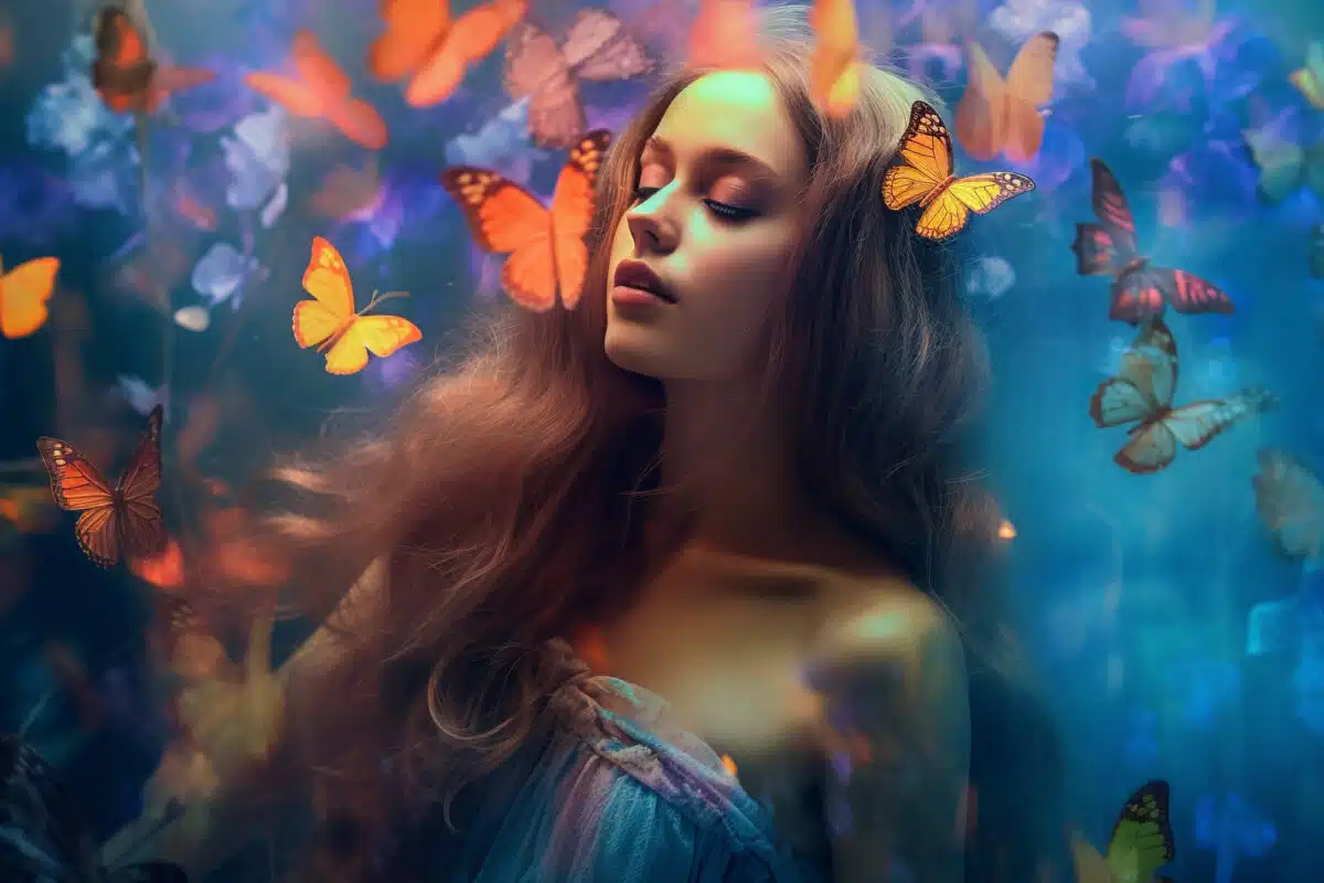 portrait of a beautifull model   woman dreaming in a bucolic scene surrounded by butterflies, alone generative ai illustration