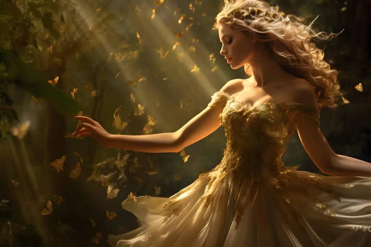 Beautiful young woman in a golden dress dancing in the forest.