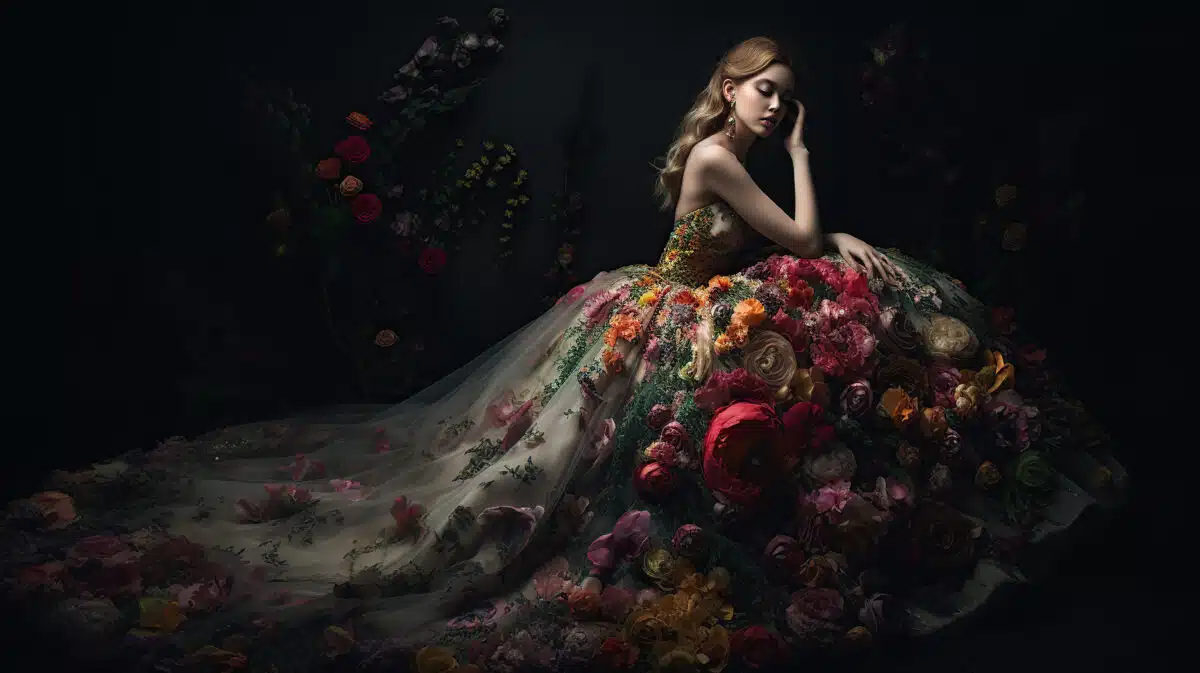 Model in elegant wedding dress with flowers, fashion ai illustration