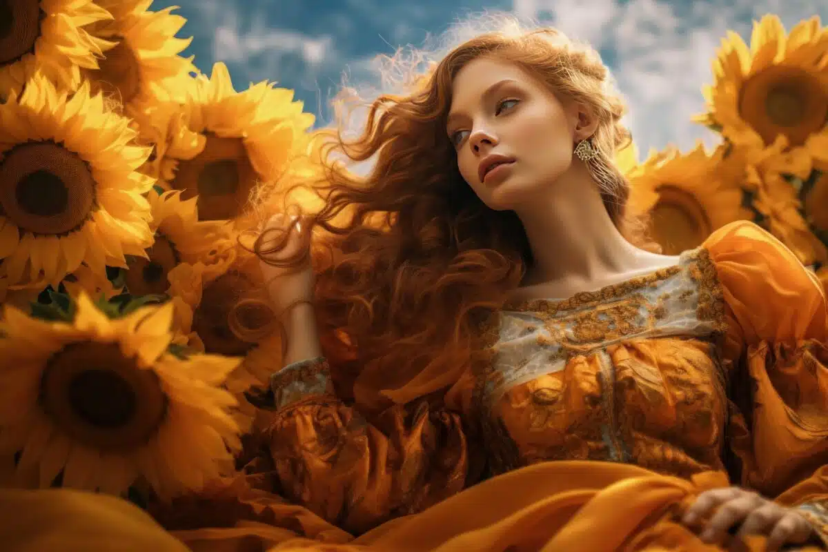 a stunning blonde woman in a field of orange sunflowers