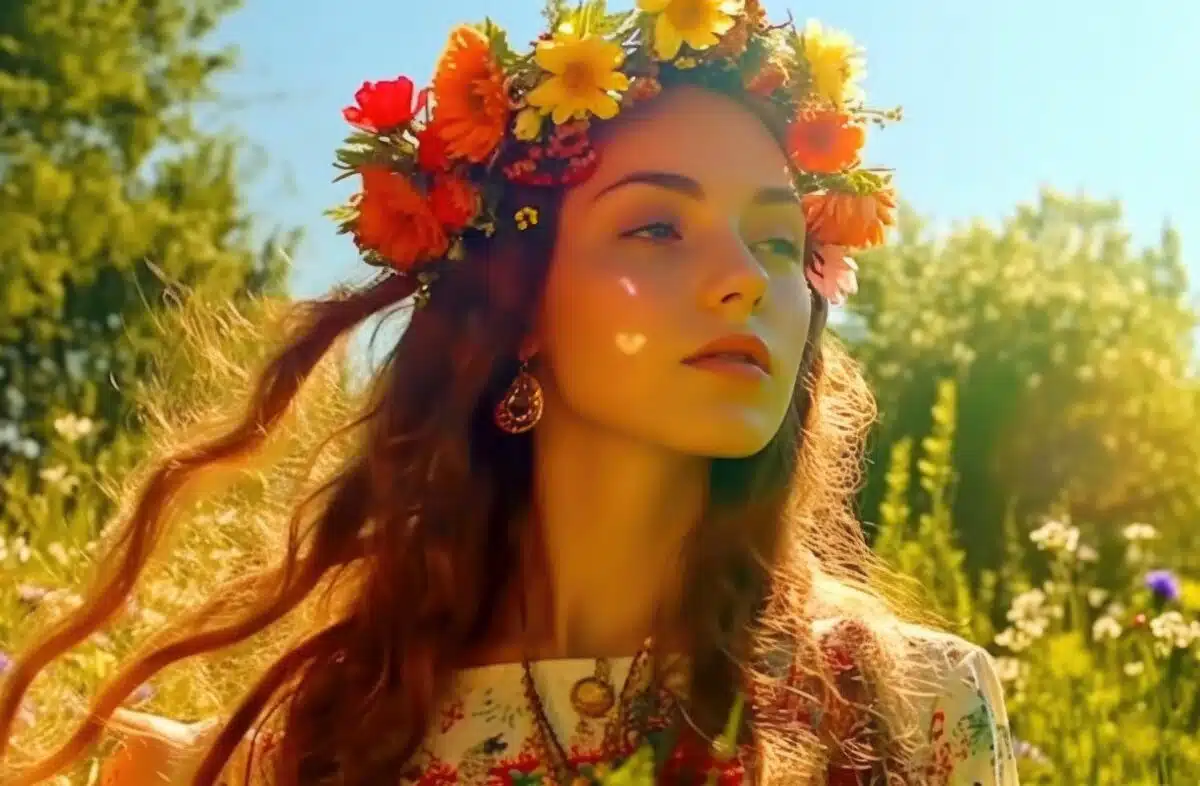 a radiant girl adorned with vibrant wildflowers, basks in the golden midsummer sun