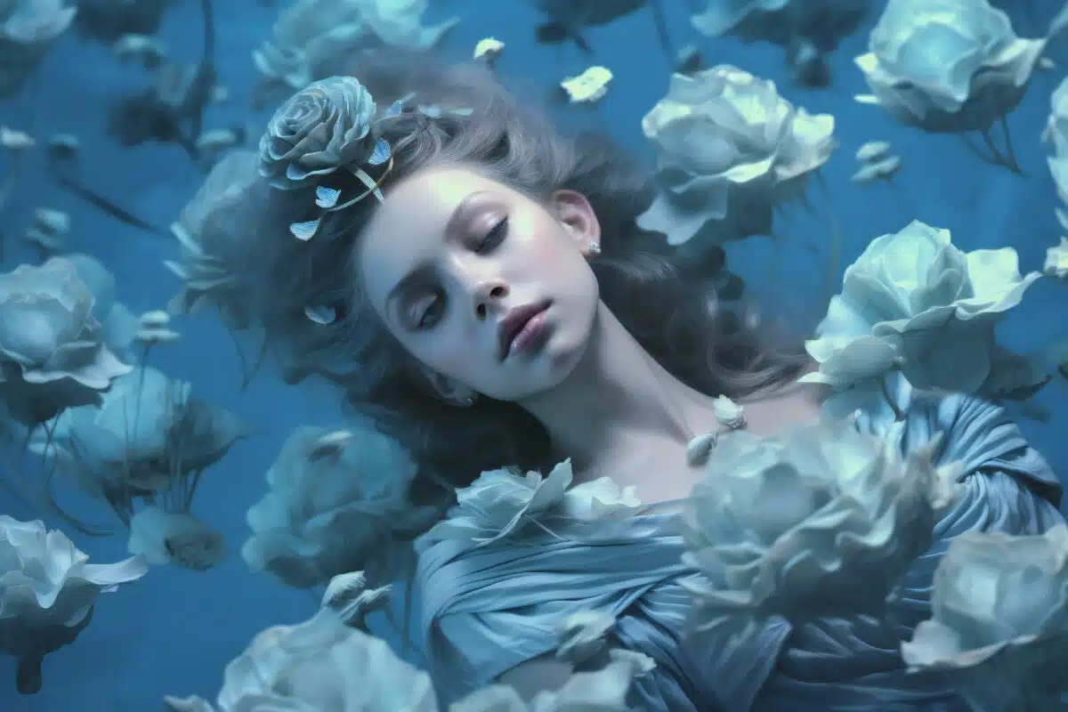 Lady is floating on water and surrounded by flowers, in the style of light silver and light azure, deco elegance, smooth fabrics, blue tones Generative AI