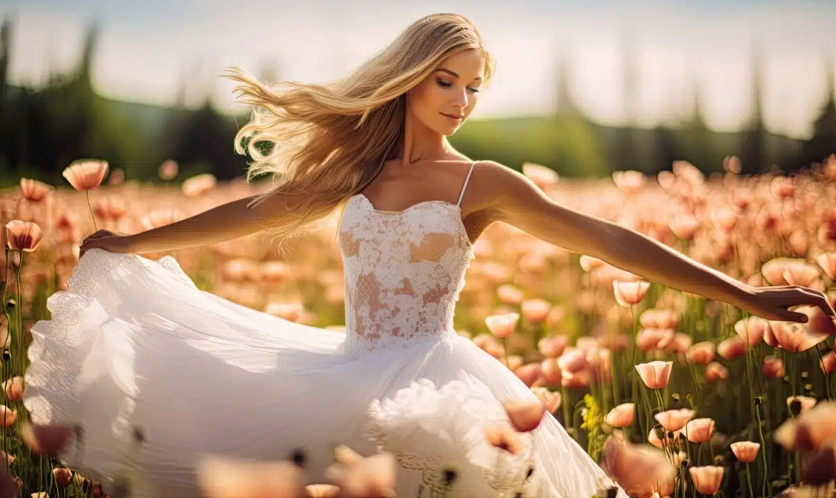 a stunning woman in a white dress in a field of flowers