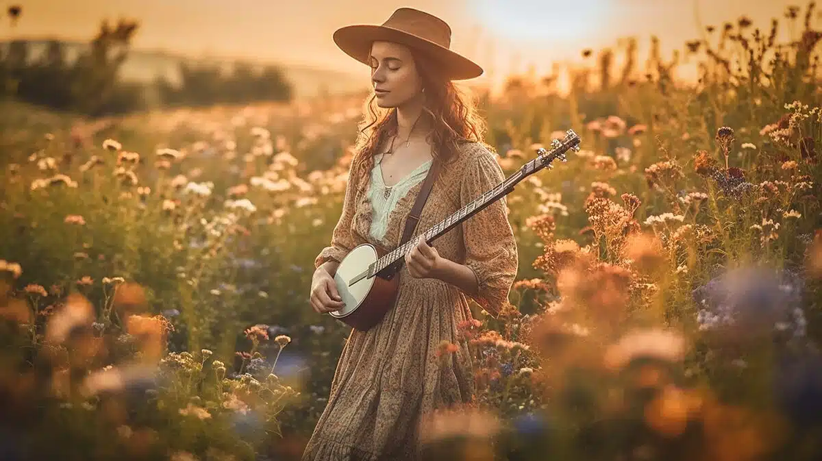 a young woman wearing a hat while playing banjo in the wildflower field