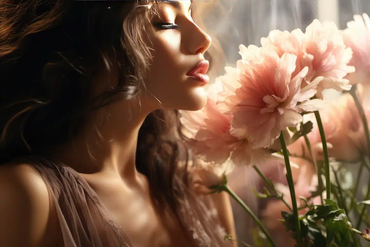 a stunning woman smelling a pretty pink flower with sunlight on her face