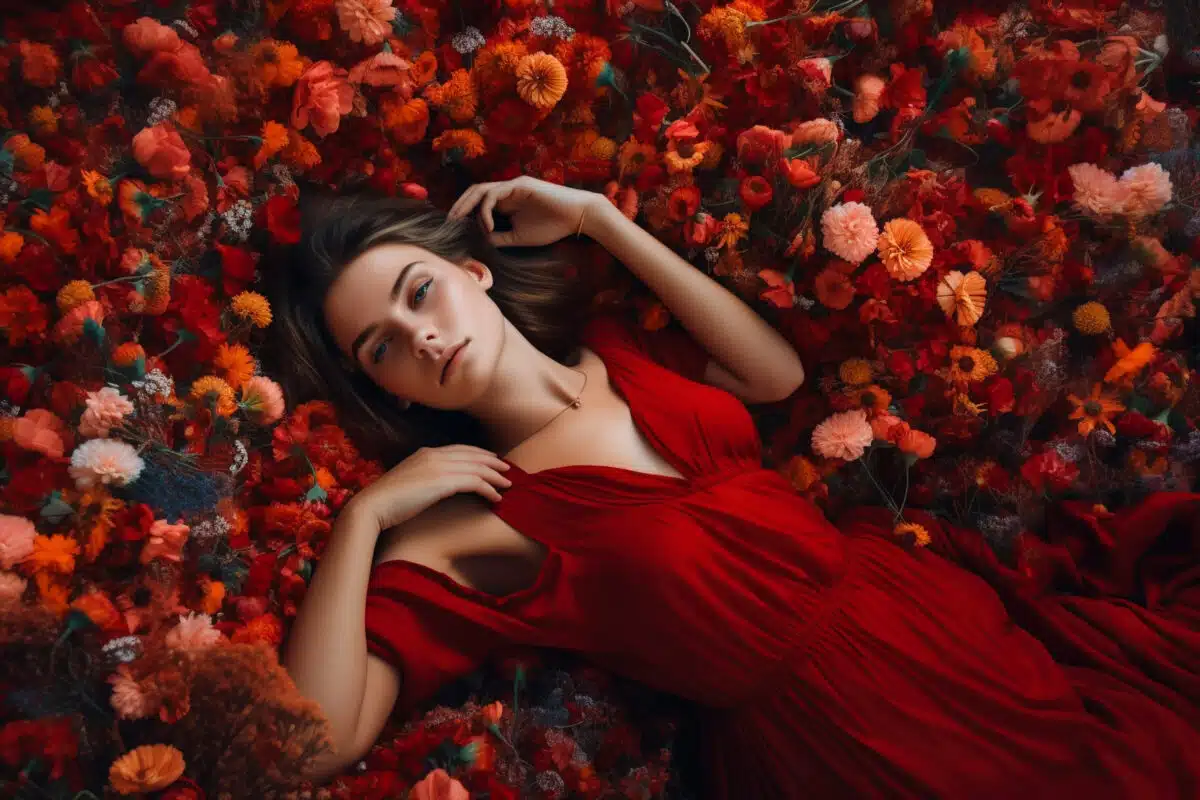 a young woman in a red sensual dress is lying on the red flowers