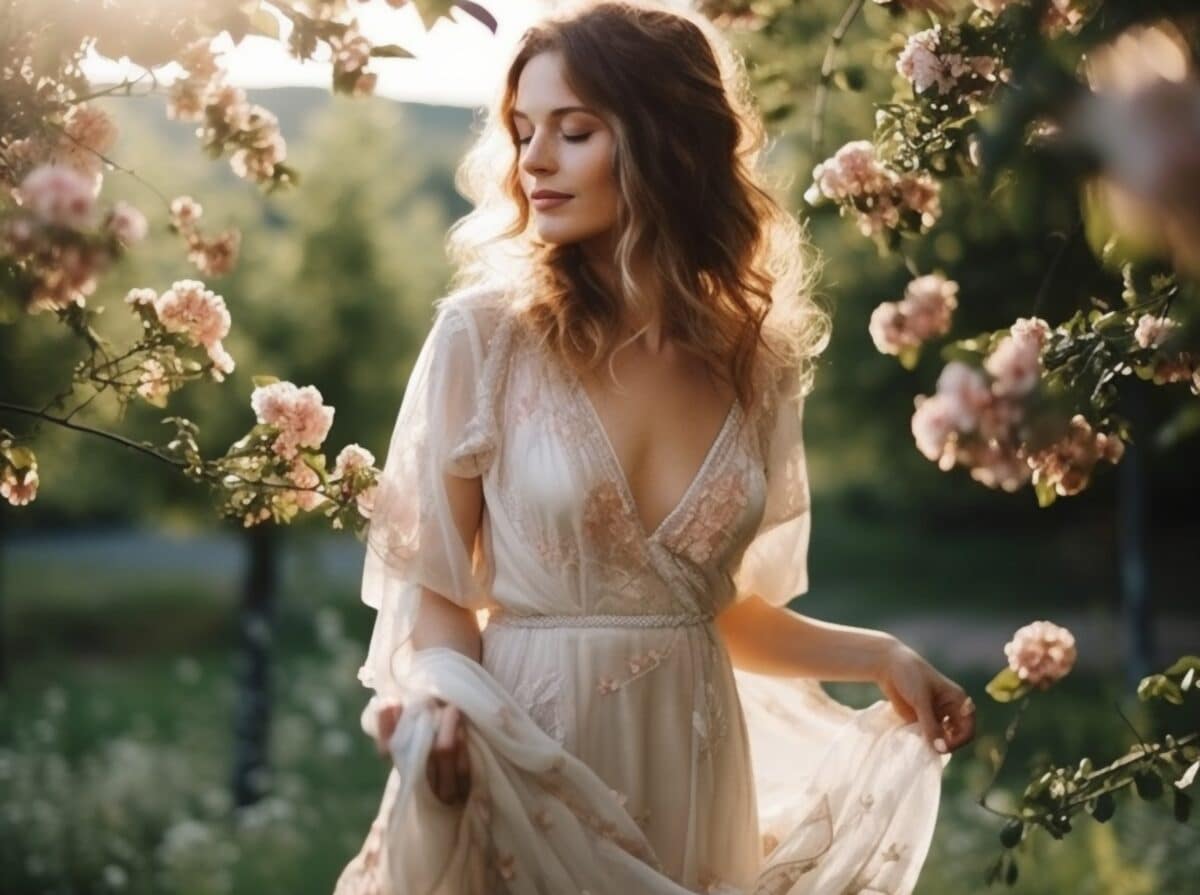 a stunning lady in a white floral dress in a blooming garden at daylight