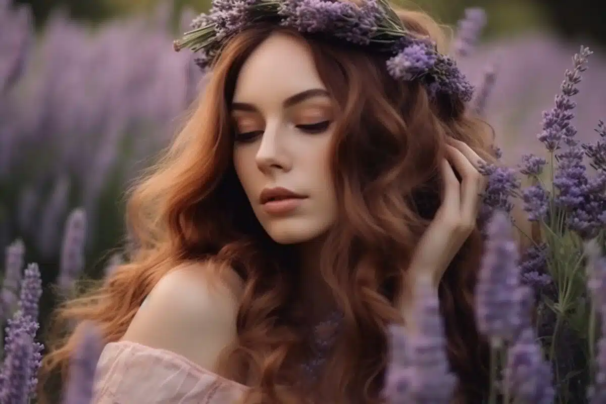 a young pretty woman with long hair standing near lavender field with her eyes closed