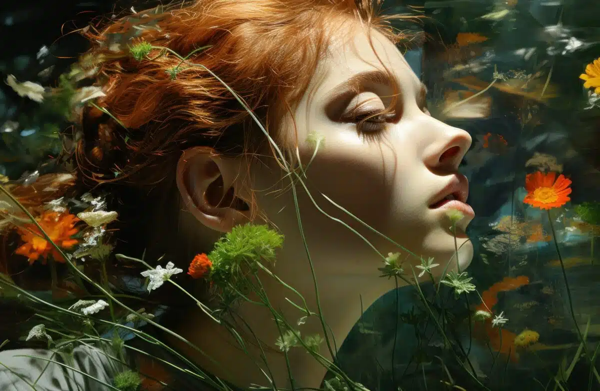 the face of an enchanting red haired nymph and pretty flowers