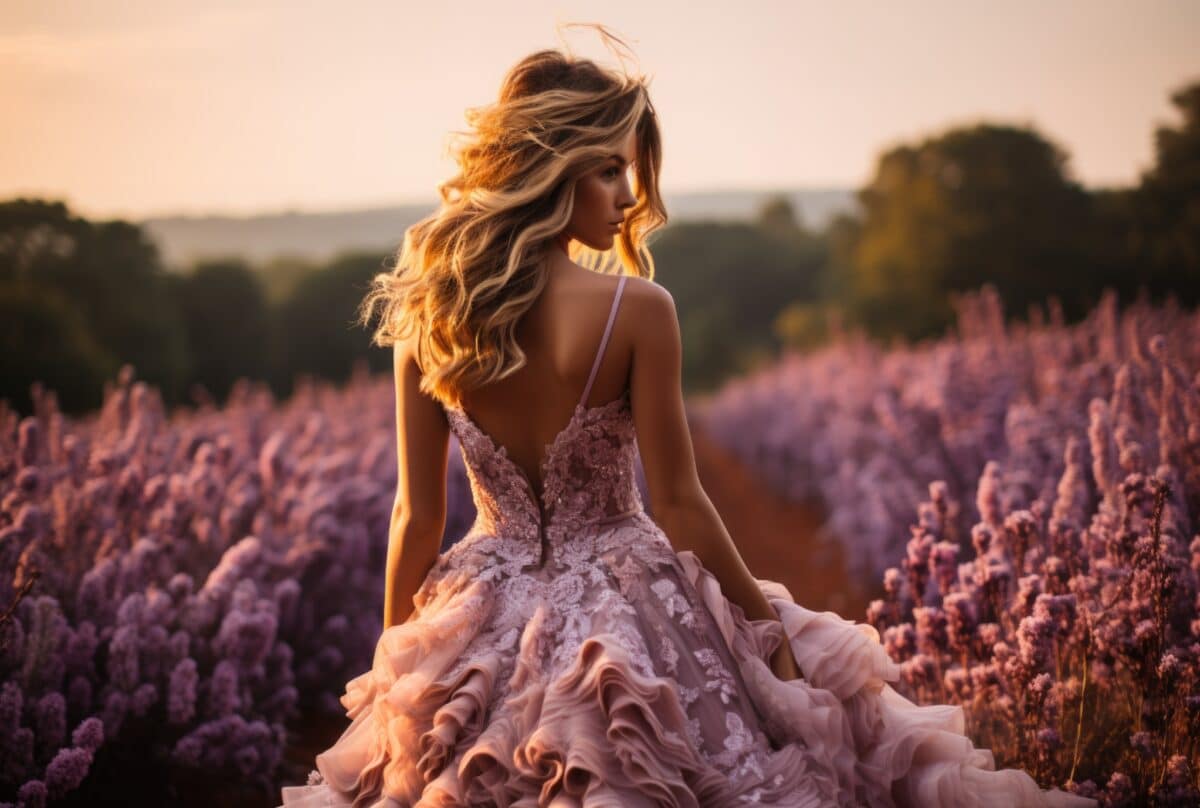 a lovely woman dressed in a fabulous pink dress in a lavender field