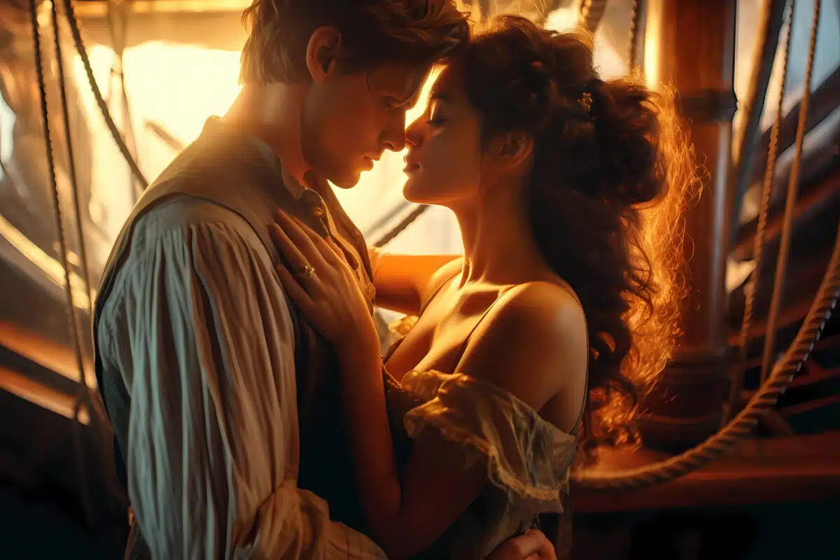 a romantic couple on a sailing ship