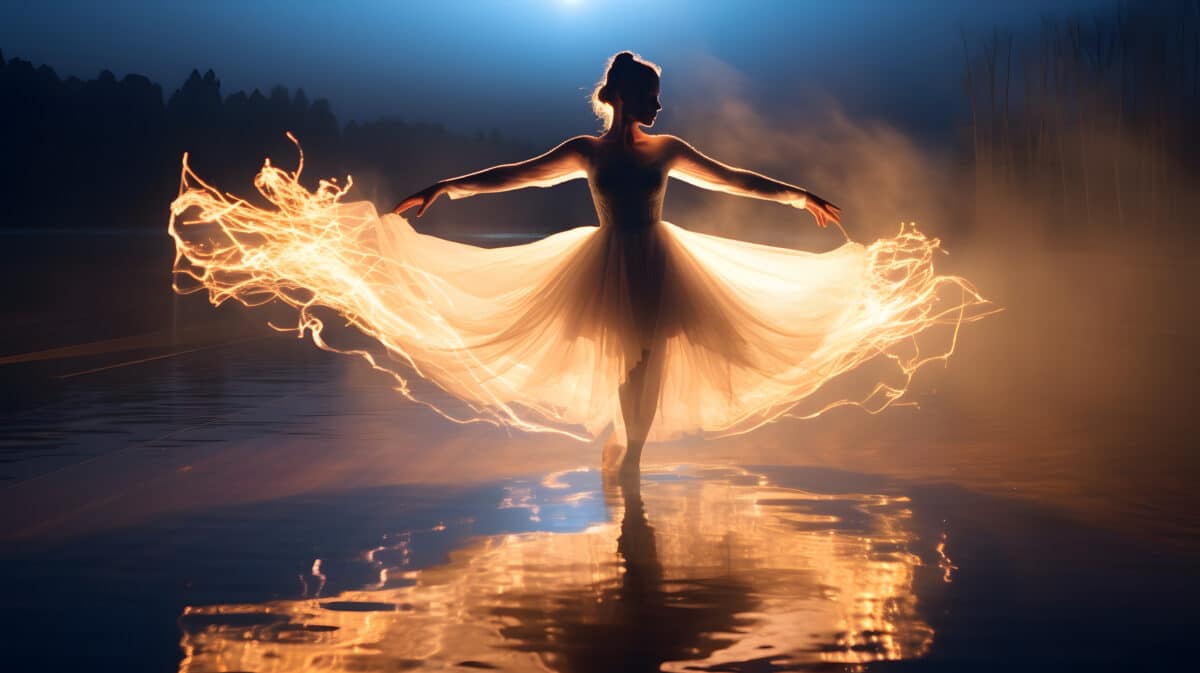 a lovely lady in a glowing golden dress dancing on the water surface lit with burning fire