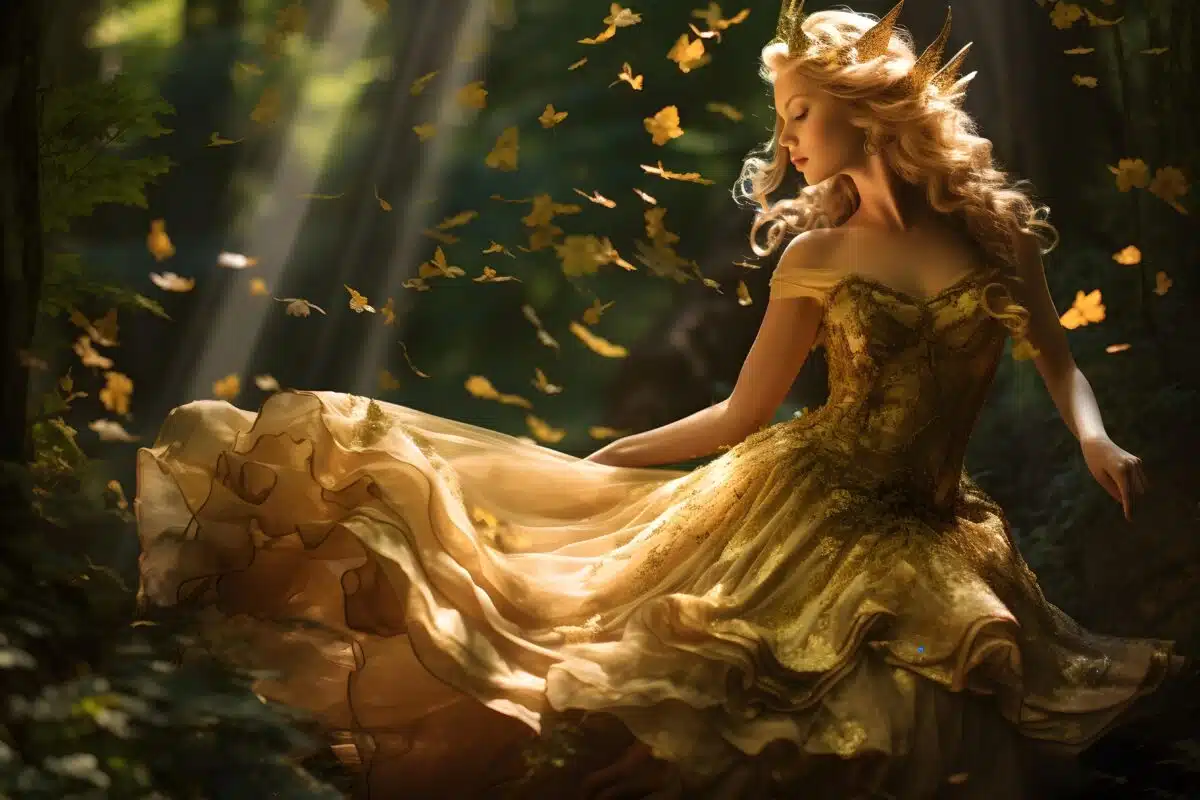 an enchanting forest nymph, surrounded by lush greenery and dappled sunlight