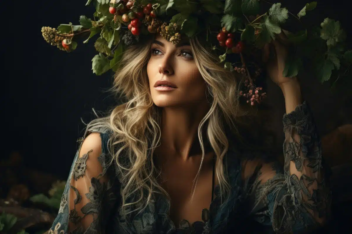 a lovely woman with a wreath made of fruit leaves on her head