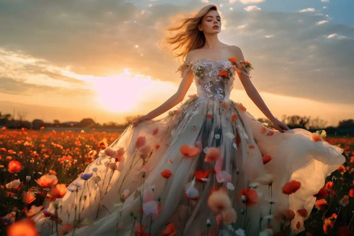 a stunning lady in a gorgeous floral dress in the field at sunset