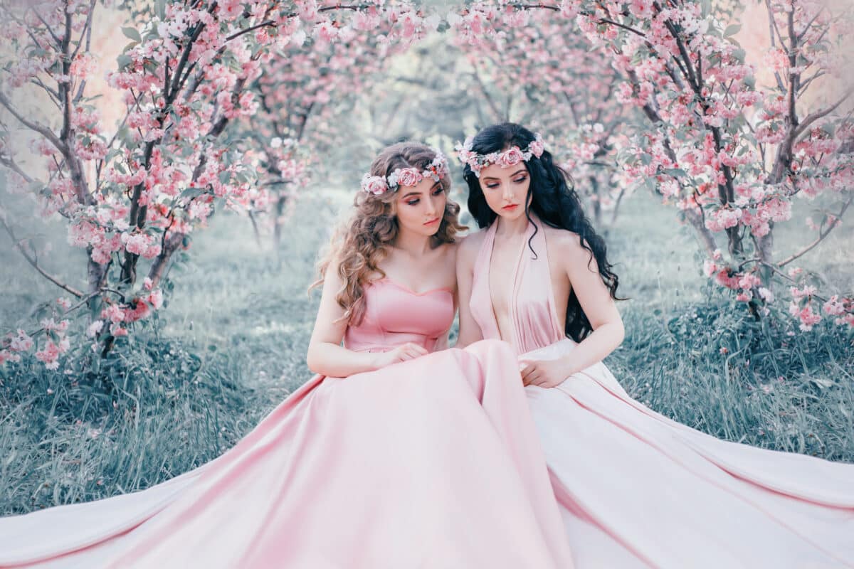 Two stunning sisters and princesses in luxurious, pink dresses in the blooming orchard