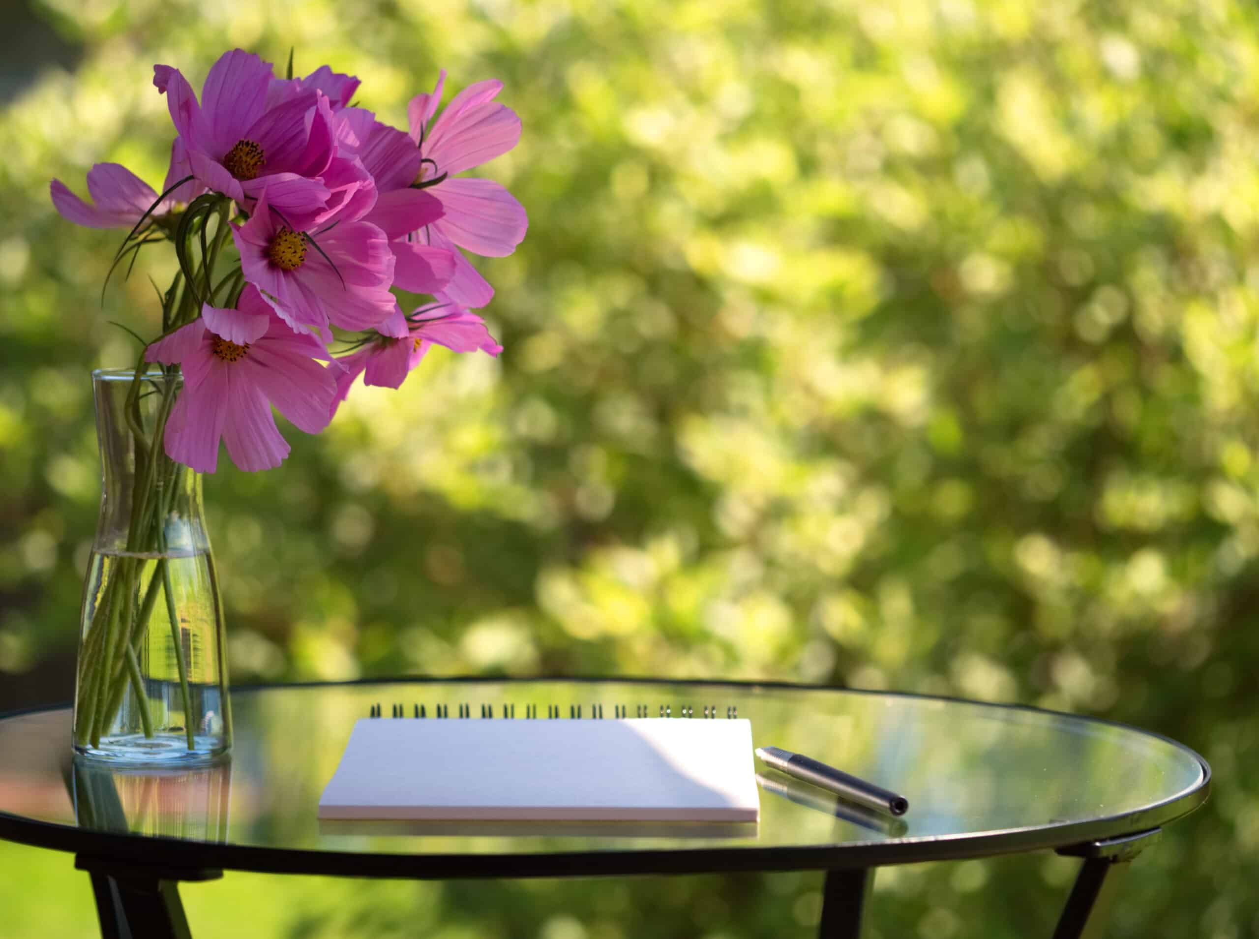 bouquet of cosmo flowers, notepad on table in summer green garden with sunlight