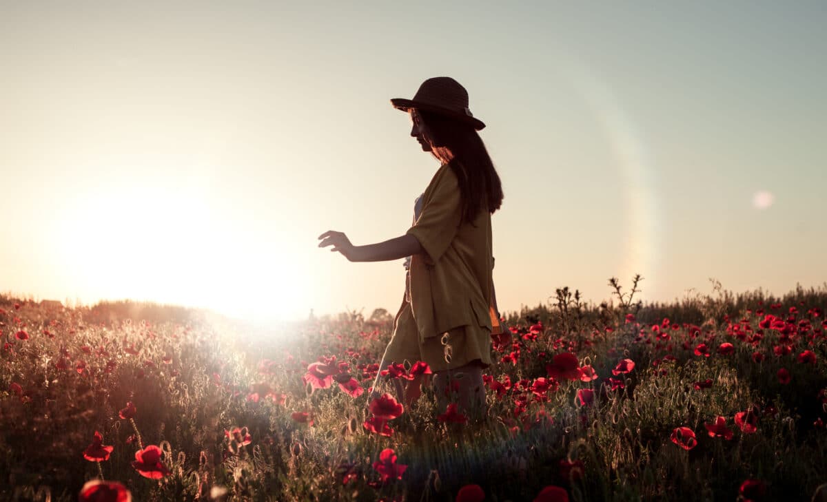 Silhouette of a woman in a hat on a poppy field