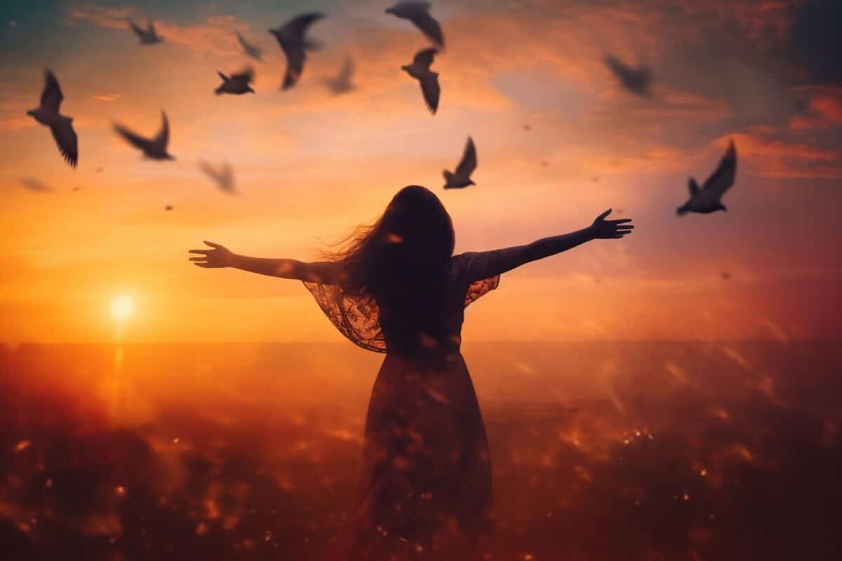 a woman praying outdoors at sunset with birds hovering in the sky