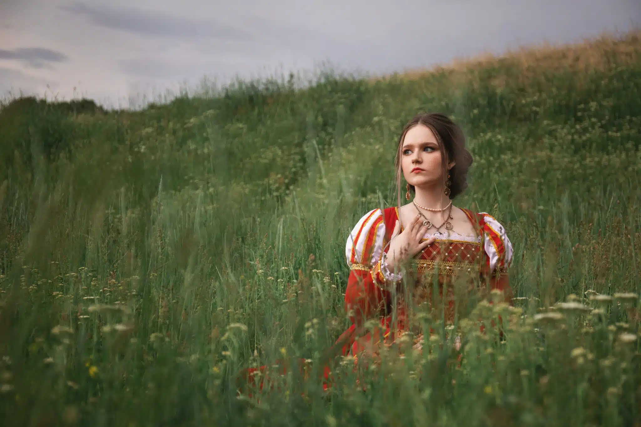 beautiful young lady in a long red medieval dress sitting in the field