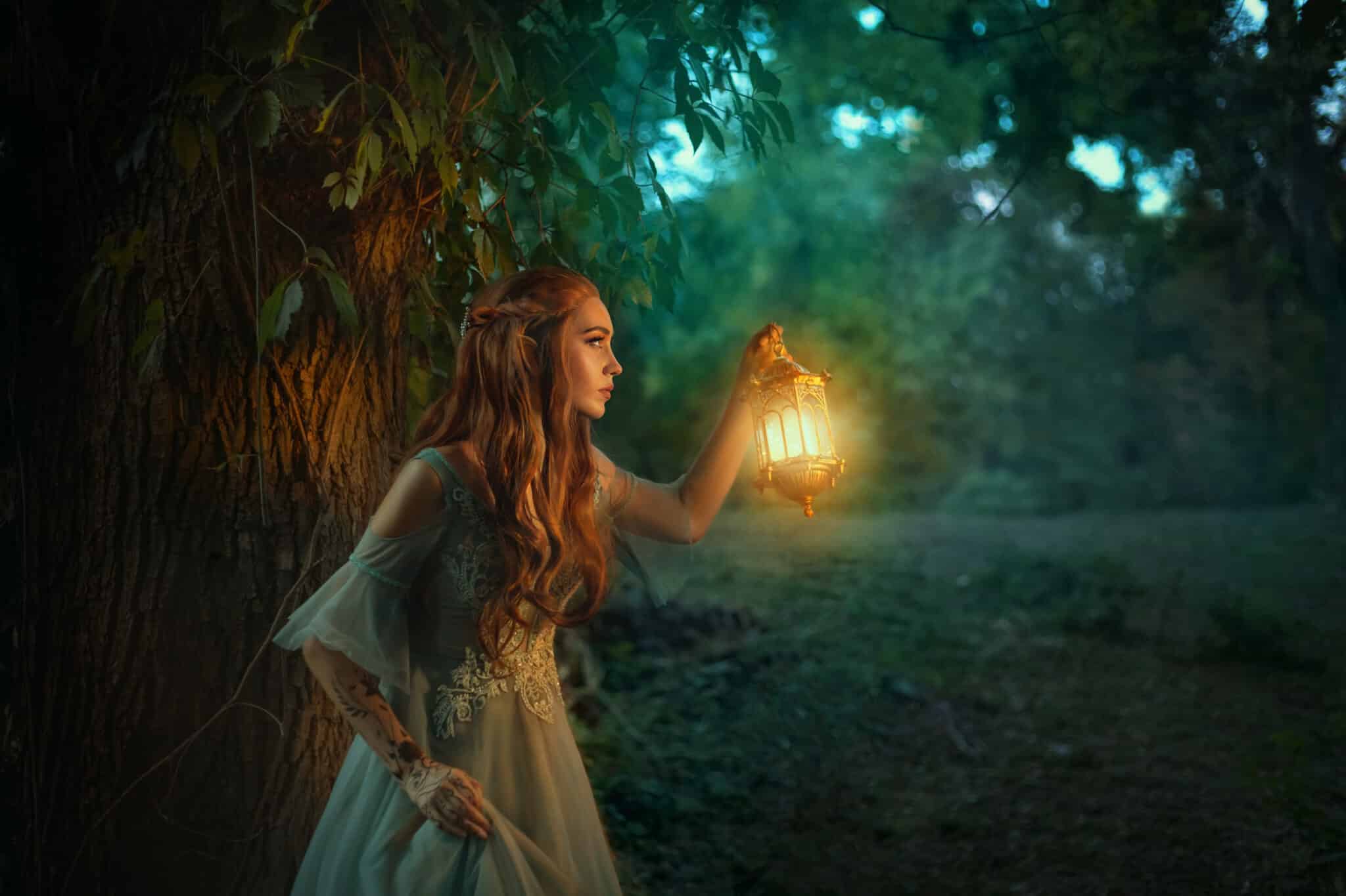 Fantasy elf princess woman walks in dark night forest, holding glowing lantern in hands