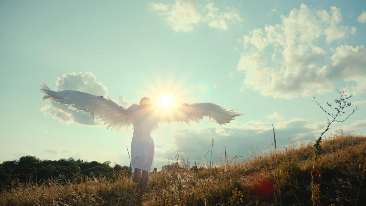 White angel extends her wings against the bright sunlight