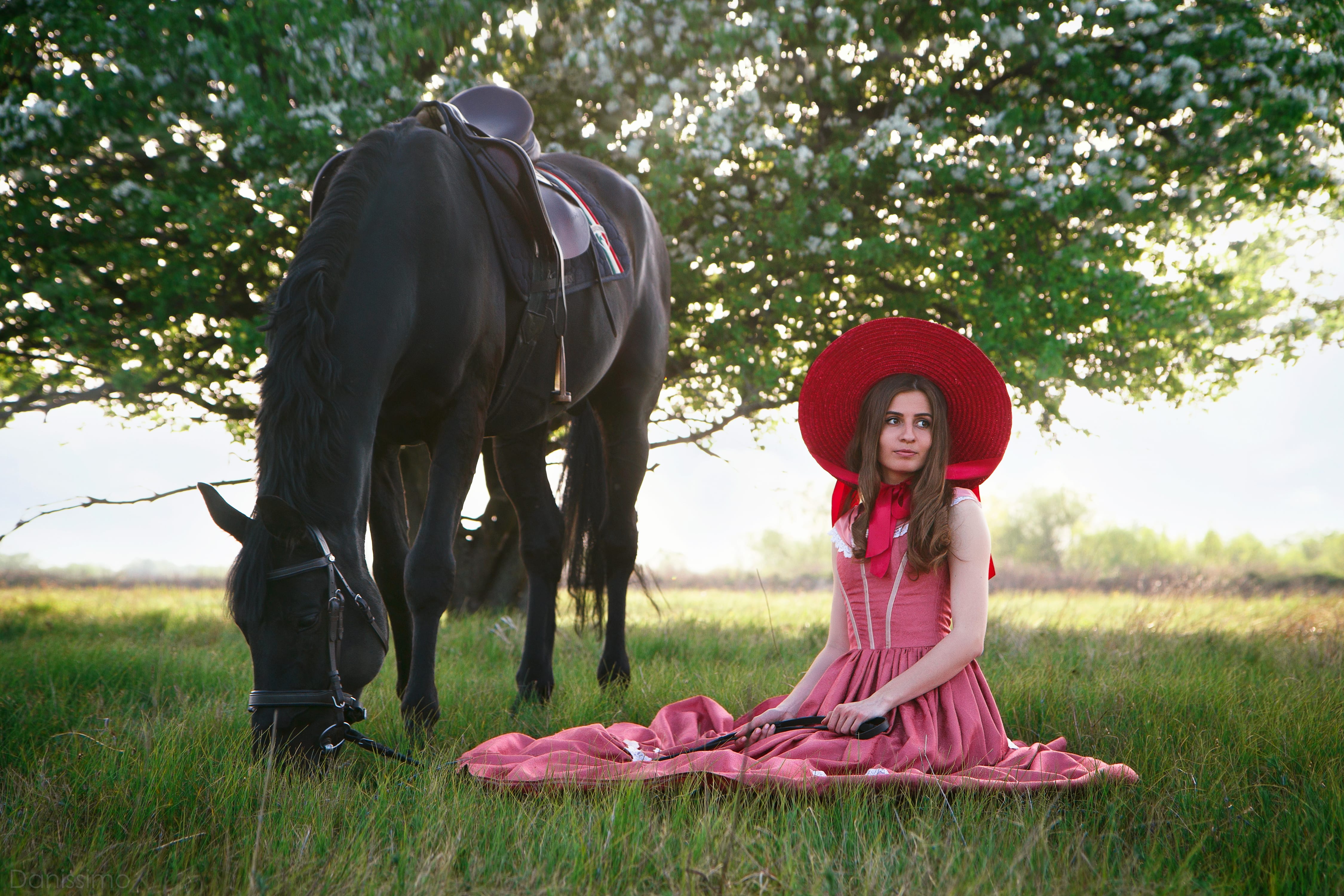 Beautiful princess resting on the grass in pink dress with her horse