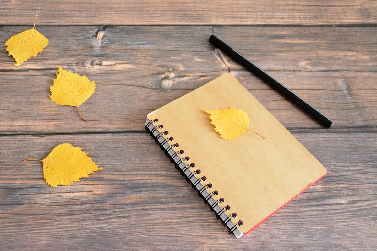 notepad with black pen and autumn leaves on wooden desk outdoor.