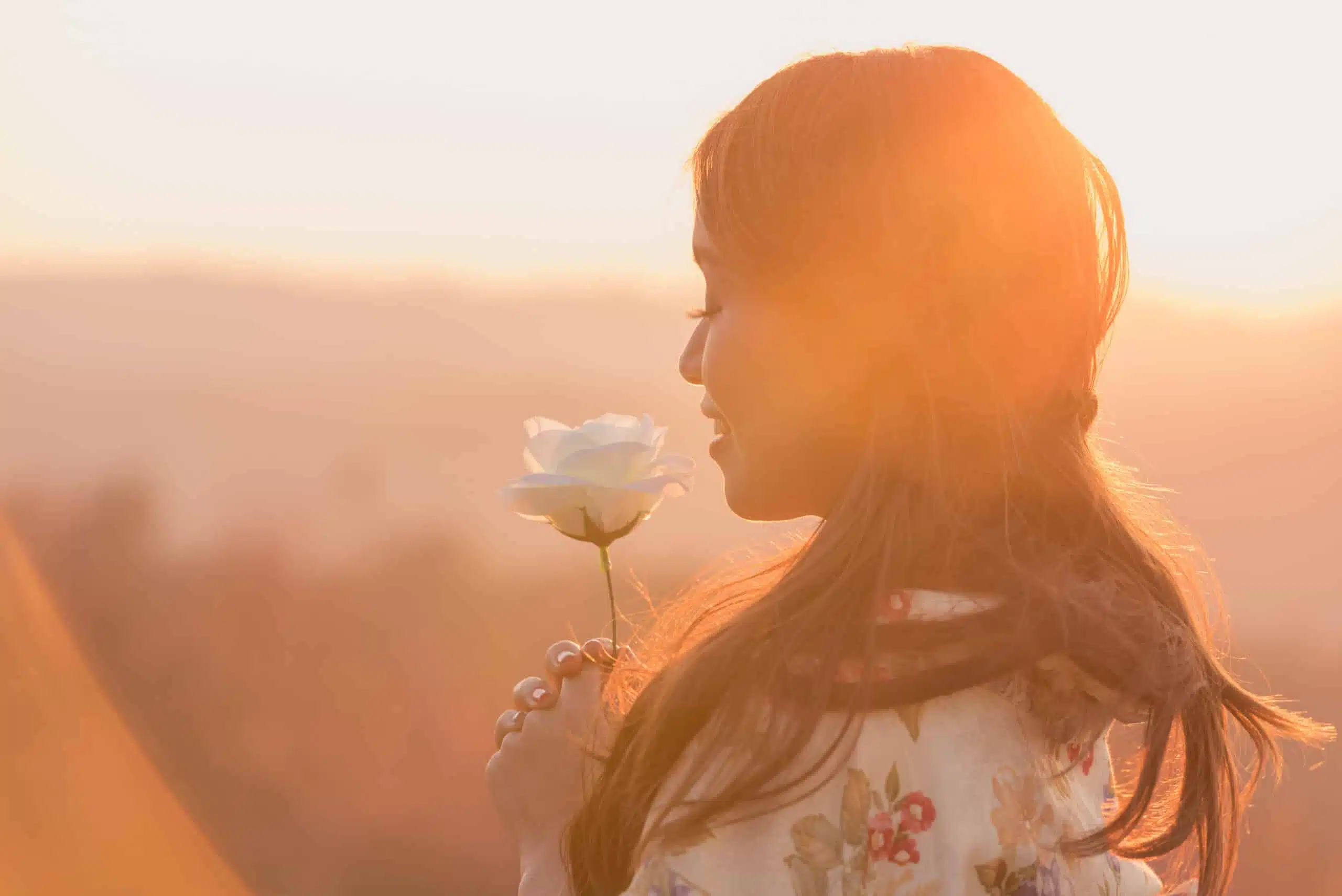 Japanese lady in a kimono holding a white stem rose at sunrise.