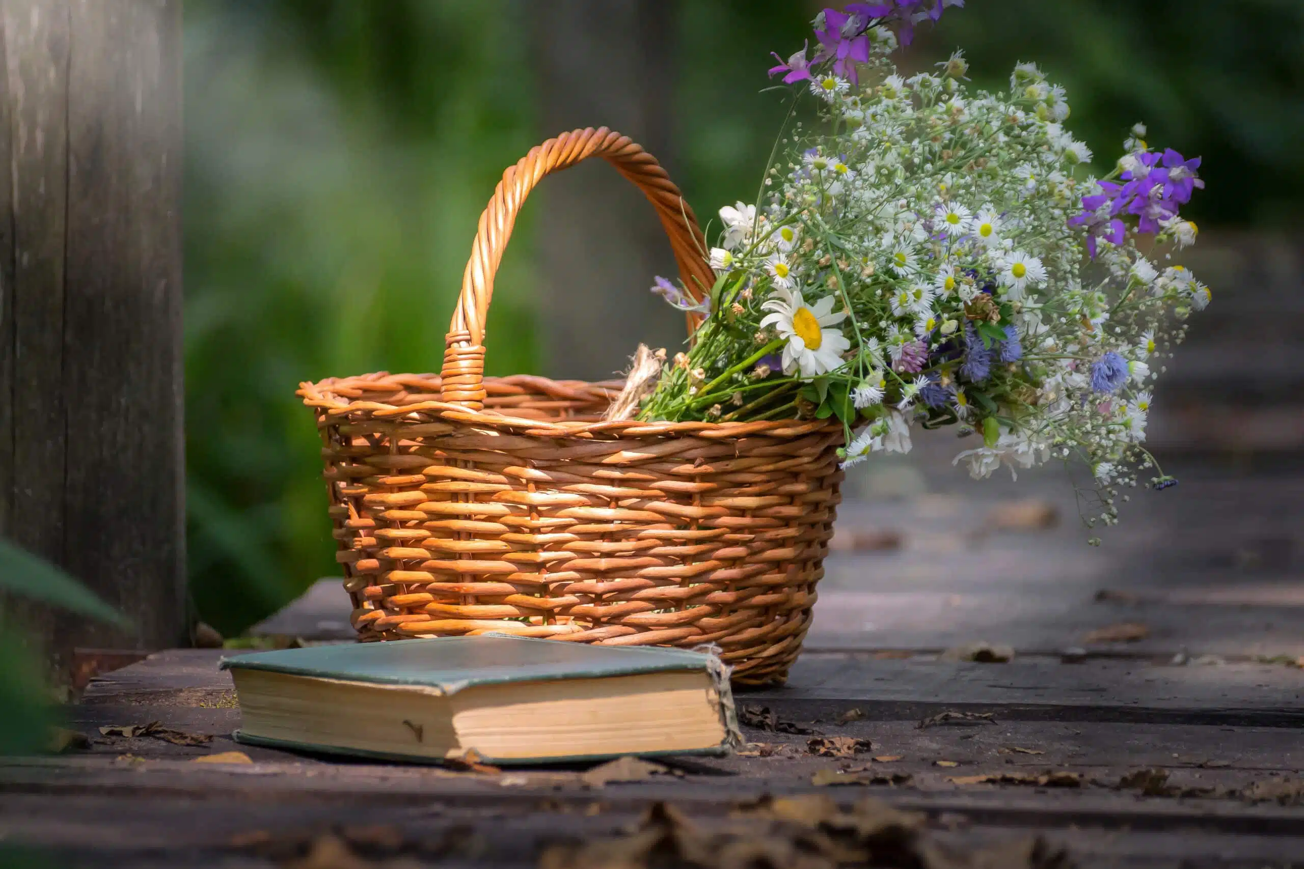A basket of wildflowers and a book lie on a small bridge across the river.