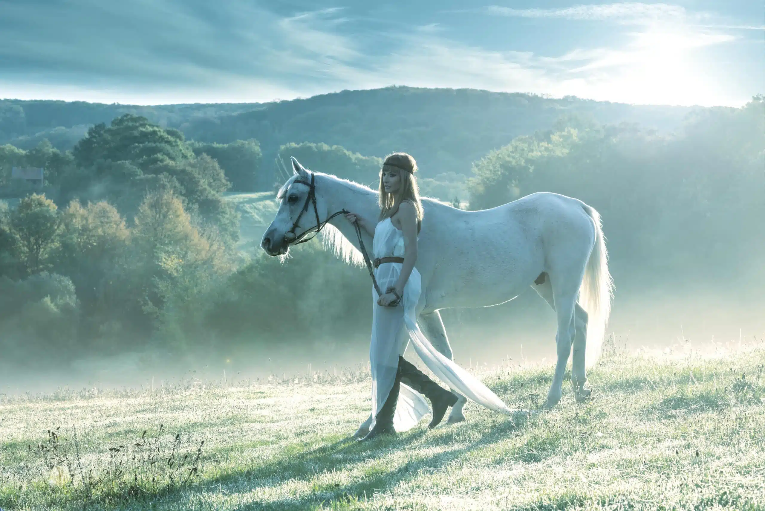 Beautiful sensual women with white horse