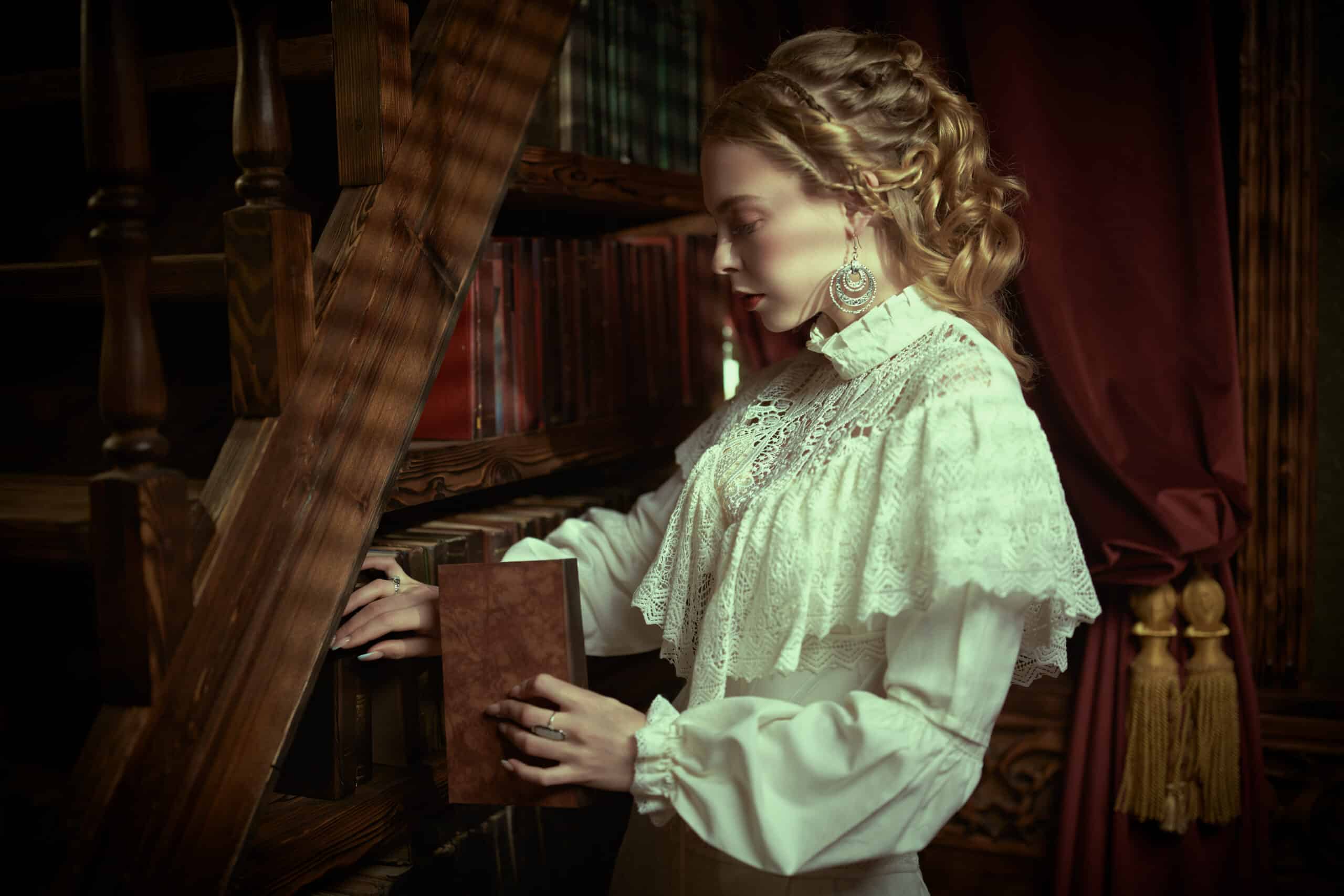 lovely woman in vintage library