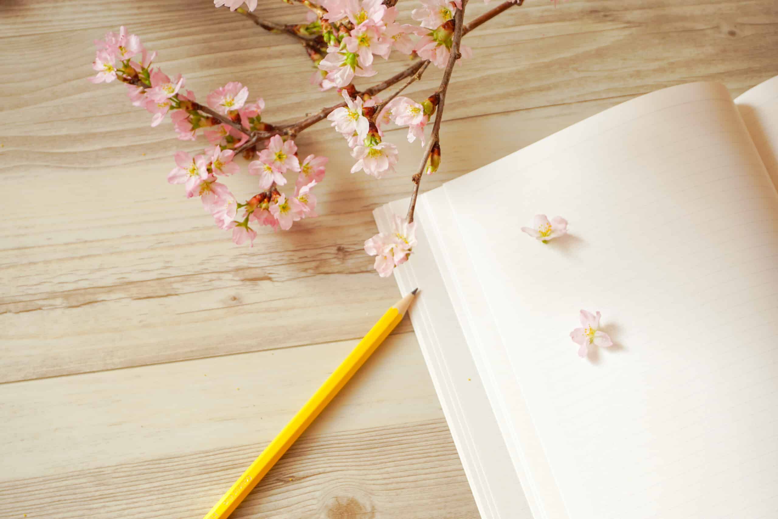Cherry blossoms and notebook on wood table.