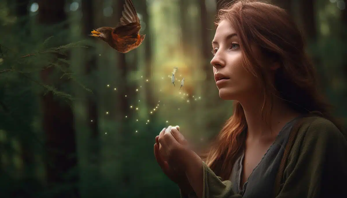 a woman in the forest looking at the fluttering bird near her face